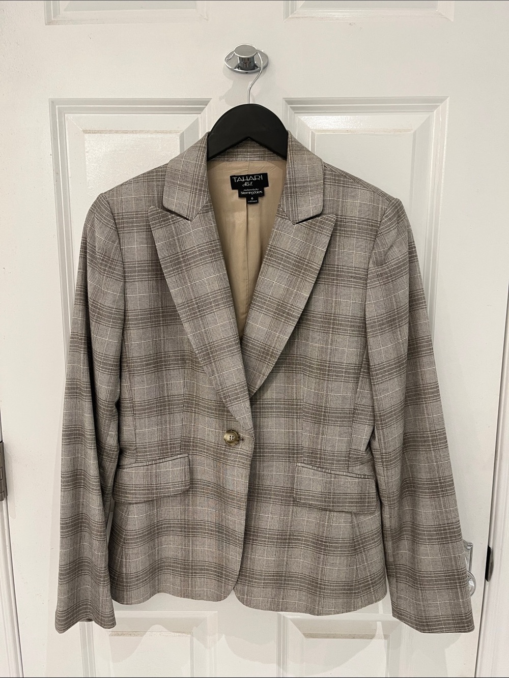 Tahari ASL Taupe Plaid Single-Button Blazer